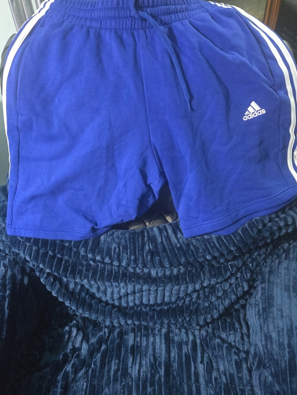 adidas Mens Blue Athletic Shorts with White Stripes